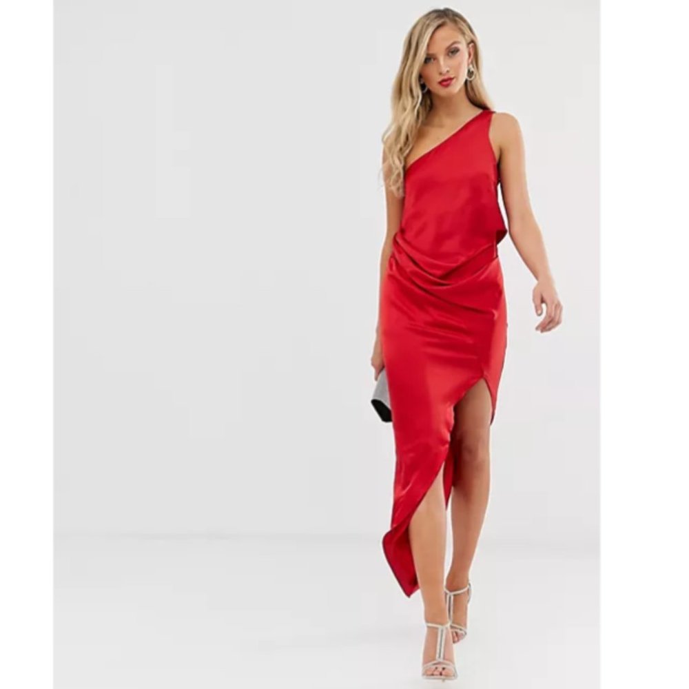 ASOS DESIGN satin one shoulder drape midi dress in red Size US 6 NWT $86